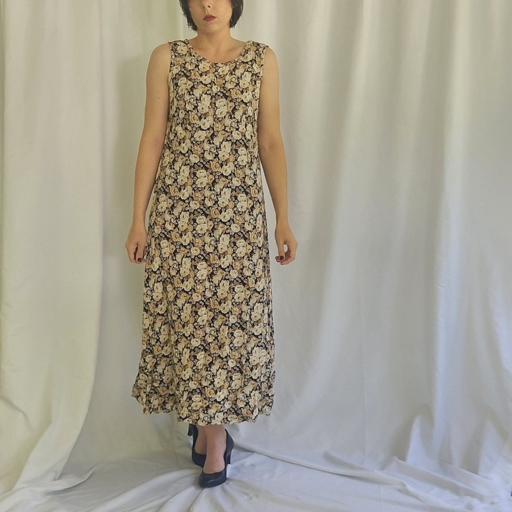 90s Black and Cream Rose Print Sleeveless Maxi Dress